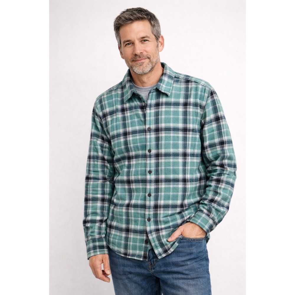 Orvis XXL Plaid‎ Fleece Lined Flannel Shirt Jacket Green Blue Snap Outdoorsy